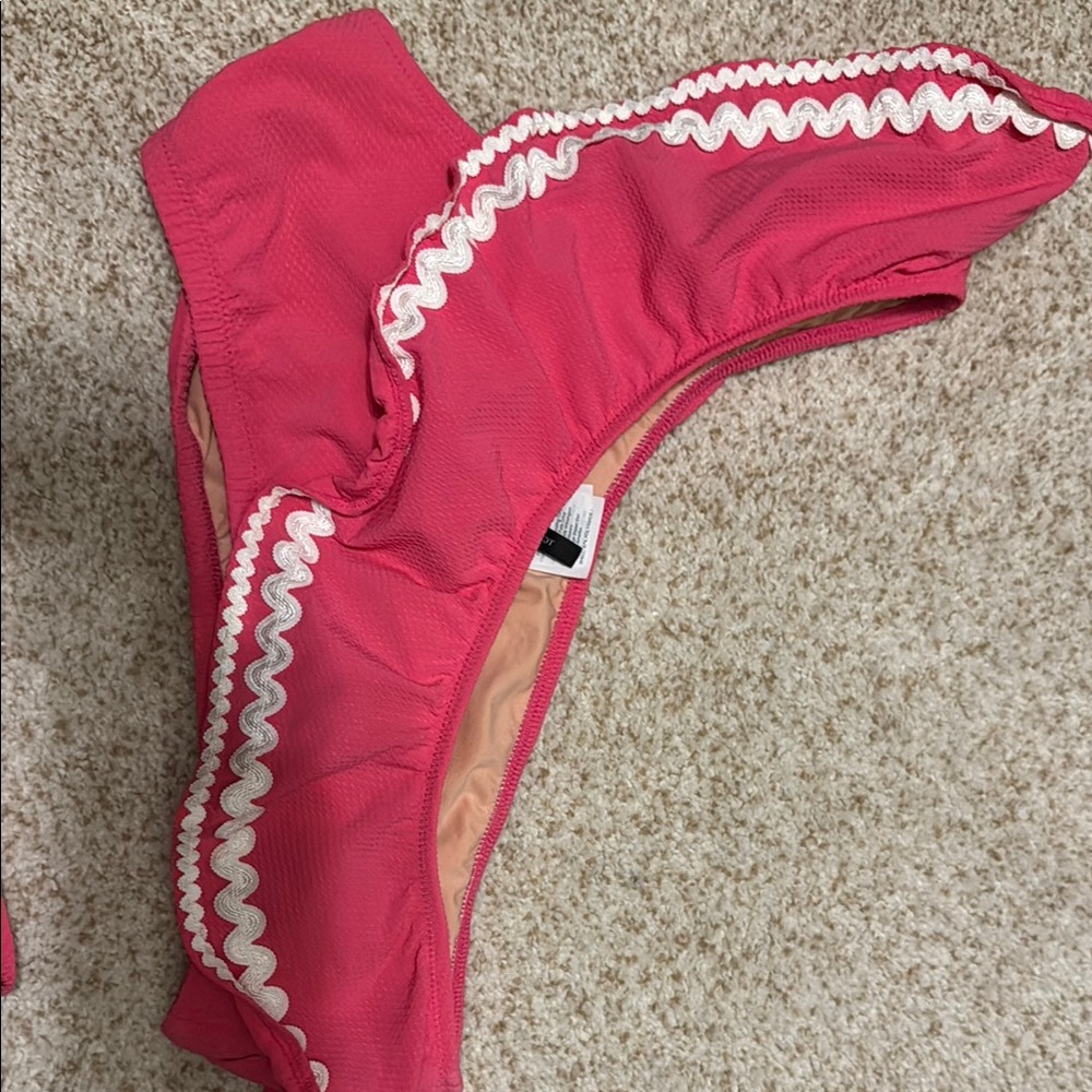 J.Crew Pink One-Shoulder Bikini Set with White Trim - Picture 4 of 5